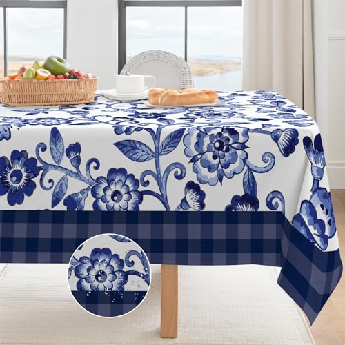 Coonoor Tischdecke - Blau gemustertes Plaid Tischdecke Abwaschbar, Rechteckige Tischdecke Polyester Wasserabweisend, 137x183cm Abwischbare Tafeldecke für Party Küche von Coonoor