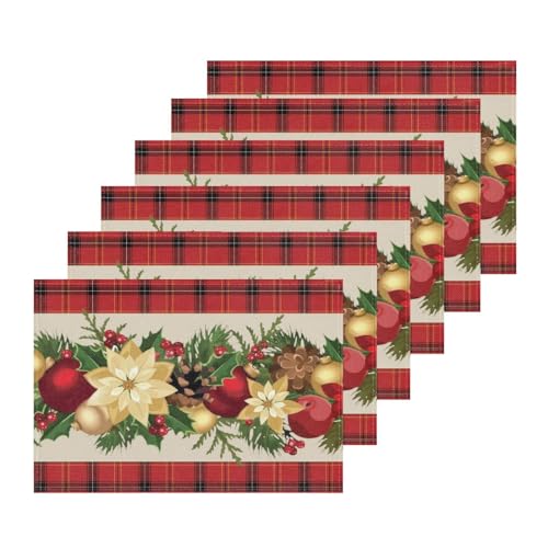 Coonoor Tischset Weihnachten - Holly Poinsettia Blume Platzsets für Weihnachten Küche Familienessen Haus Partyzubehör Tisch Weihnachtliche Deko (Stil 2, Platzsets Set von 6) von Coonoor