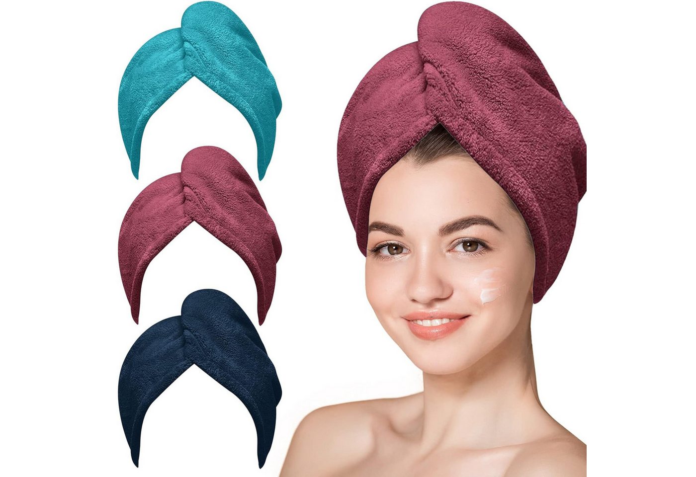 Coonoor Turban-Handtuch 3 Stück Mikrofaser Handtuch Haare Haarturban mit Knop, (zumTrocknen von Haaren), passend für Lange, Kurze, Locken, gerade Haare von Coonoor