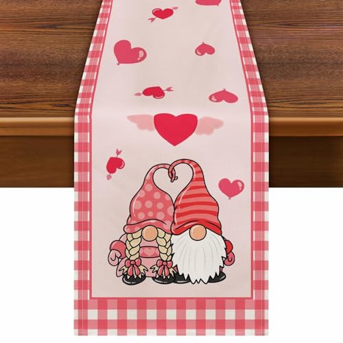 Coonoor Valentinstag Tischläufer - Herzen Zwerge lieben Rosa Romantischer Tischläufer Frühling, Rechteckig Tischläufer für Valentinstag Muttertag Hochzeit Romantische Dekorationen,33 x 183 cm von Coonoor