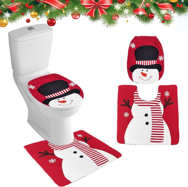 Coonoor WC-Deckelbezug 2 StückeToilettensitzbezug Weihnachten Teppich Set für Badezimmer, Weihnachtsmann Schneemann Elch Toilettensitzbezug Dekorationen von Coonoor