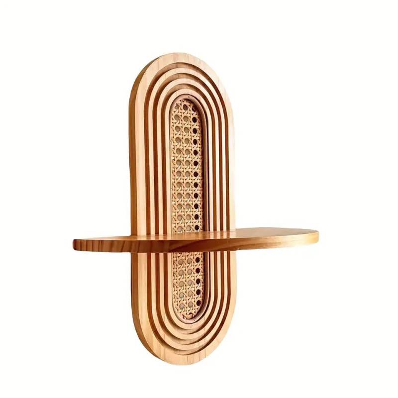 Coonoor Wandregal aus Holz im Mid-Century Modern Bohemian-Stil, 1-tlg., mit gewebten Rattandetails von Coonoor