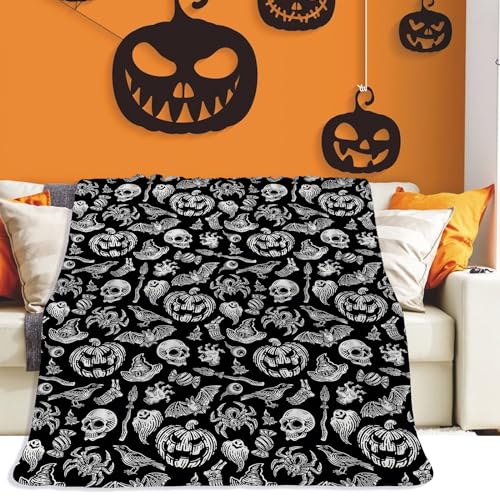 Halloween Fleece Kuscheldecke, Große Flanell Schädel Kürbis-Druck Gemütliche Weiche Fleecedecke, Warme Leichte Decken und Überwürfe für Couch, Bett (Schwarz Weiß, 125x150cm) von Coonoor