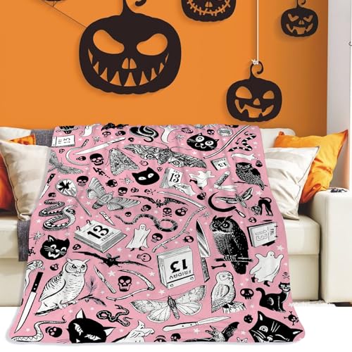 Coonoor Halloween Fleece Kuscheldecke Decke Sofaüberwurf, Schwarze Katze Weiche Leichte Überwurfdecke, Warme Decken und Überwürfe für Couch, Bett, Camping, Outdoor (Rosa, 150x200cm) von Coonoor