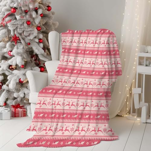 Coonoor Weihnachts Flanell Fleecedecke Kuscheldecke, 125x150cm Rosa-REH-Decke Weiche Sofa-Wurfdecke, Warme Gemütliche Decken für Weihnachtsdekoration zu Hause auf Betten (Rosa Rentier) von Coonoor