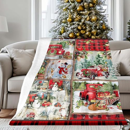 Coonoor Weihnachts Fleecedecke Flanell Kuscheldecke, 125x150cm Karo Check Truck Weiche Leichte Fleece-Decke, Flauschige Gemütliche warme Decke für Couch und Bett (Roter Lastwagen) von Coonoor