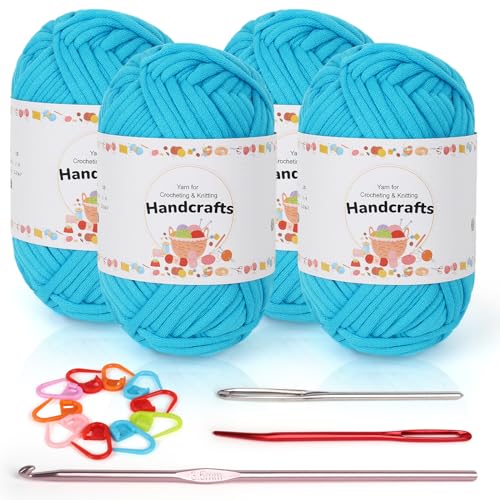 Coopay 4 Stück Einfach Garn Zum Häkeln für Anfänger - Gut Sichtbare Maschen mit Häkelzubehör, Baumwoll-Nylon-Garn zum Stricken (4 X 50 g), Blauer See von Coopay