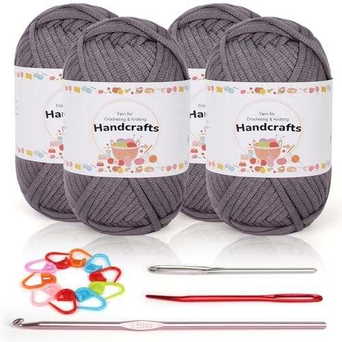 Coopay 4 x 50g Baumwolle Häkelwolle für Anfänger, Gut Sichtbare Maschen Garn Häkelgarn mit Häkelzubehör, Chunky Wolle zum Häkeln, Dickes Baumwoll-Nylon-Mischgarn für Tasche, Puppen - Dunkelgrau von Coopay