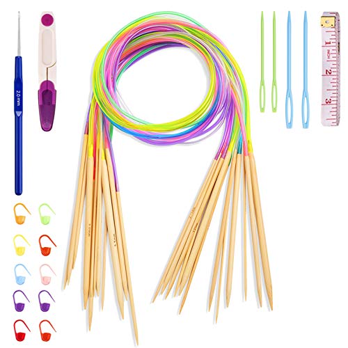 Coopay Bambus Rundstricknadel Set, 18 Stück 100cm Doppelspit Stricknadeln Rundstricknadeln mit Strickzubehör und Häkelnadeln, Natur Bambus Rundstricknadeln für Anfänger und Profis, 2,0 mm bis 10,0 mm von Coopay