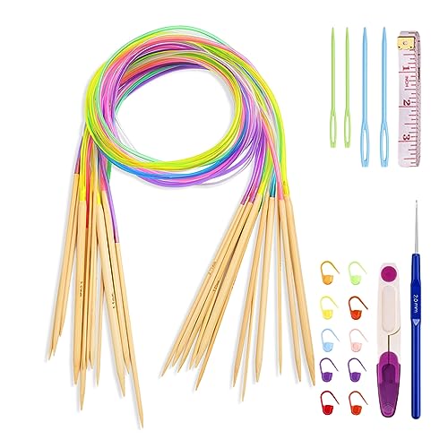 Coopay Bambus Rundstricknadeln Set, 18 Stück 120cm Doppelspit Stricknadeln Rundstricknadel mit Strickzubehör und Häkelnadeln, Natur Bambus Rundstricknadeln für Anfänger und Profis, 2,0 mm bis 10,0 mm von Coopay
