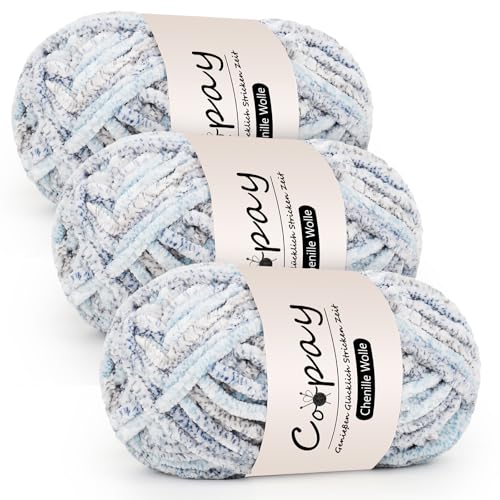 Coopay Chenille Wolle zum Häkeln, 3x100g Samtig Chenillegarn, Dicke Flauschige Weich Chenille Garn, Weicher Plüschwolle Häkelgarn für Decken, Schals - Blaue Zauberin Coopay Chenille Wolle zum Häkeln, 3x100g Samtig Chenillegarn, Dicke Flauschige Weich Chenille Garn, Weicher Plüschwolle Häkelgarn für Decken, Schals - Blaue Zauberin von Coopay