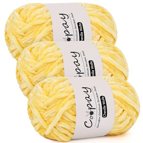 Coopay Chenille Wolle zum Häkeln, 3x100g Samtig Chenillegarn, Dicke Flauschige Weich Chenille Garn, Chenille Wolle, Weicher Plüschwolle Häkelgarn für Decken, Schals - Gelb Coopay Chenille Wolle zum Häkeln, 3x100g Samtig Chenillegarn, Dicke Flauschige Weich Chenille Garn, Chenille Wolle, Weicher Plüschwolle Häkelgarn für Decken, Schals - Gelb von Coopay