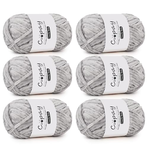 Coopay Chenille Wolle zum Häkeln, 6x100g Weiche Samtig Chenillegarn, Flauschige Dicke Wolle zum Stricken, Warme Plüschwolle Häkelgarn für Decken, Schals, Mützen - Hellgrau von Coopay