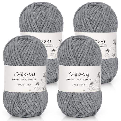 Coopay Chenille Chunky Wolle zum Häkeln Dickes Garn, 4 x 100g Dicke Wolle zum Stricken, Super Flauschig Weiches Wolle für Babydecke, Grobes Chenille-Garn für Decken, Schals, Taschen - Dunkelgrau von Coopay