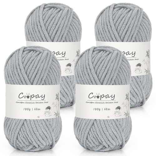 Coopay Chenille Chunky Wolle zum Häkeln Dickes Garn, 4 x 100g Dicke Wolle zum Stricken, Super Flauschig Weiches Wolle für Babydecke, Grobes Chenille-Garn für Decken, Schals, Socken, Taschen - Grau von Coopay
