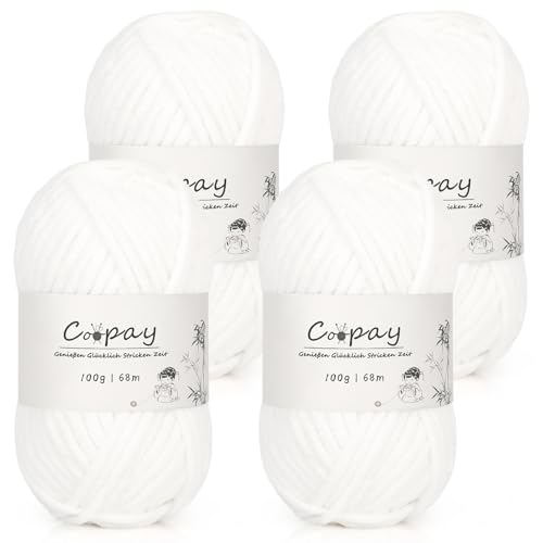 Coopay Chenille Chunky Wolle zum Häkeln Dickes Garn, 4 x 100g Dicke Wolle zum Stricken, Super Flauschig Weiches Wolle für Babydecke, Grobes Chenille-Garn für Decken, Schals, Socken, Taschen - Weiß Coopay Chenille Chunky Wolle zum Häkeln Dickes Garn, 4 x 100g Dicke Wolle zum Stricken, Super Flauschig Weiches Wolle für Babydecke, Grobes Chenille-Garn für Decken, Schals, Socken, Taschen - Weiß von Coopay