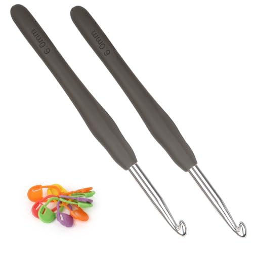 Coopay Ergonomische Häkelnadeln 6,0 mm, 2 Stück Metall Häkelnadel, Weicher TPR Griff für Arthritische Hände, Grau von Coopay