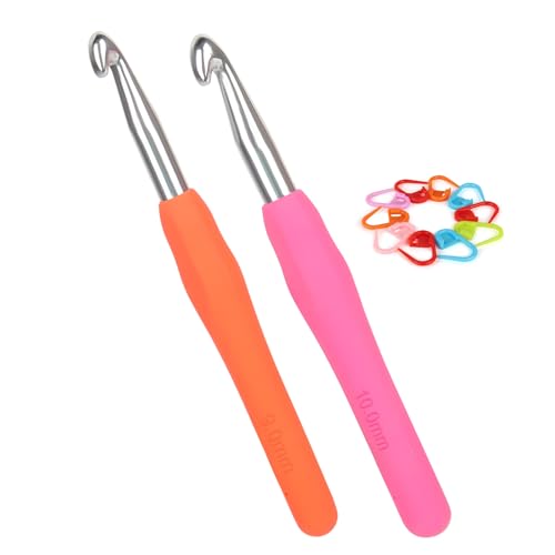 Coopay Häkelnadeln 9,0 mm und 10 mm, 2 Stück Metall Häkelnadel mit Maschenmarkierer, Ergonomische Häkelnadel mit Weichen Griff für Arthritische Hände, Bunt TPR Griff Häkelnadel 9 10 mm für Anfänger von Coopay