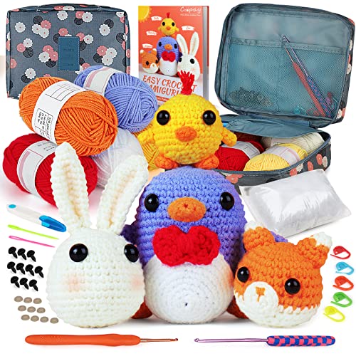 Coopay Häkelset für Anfänger: 4 in 1 Niedlich Häkelset Tiere - Pinguin, Küken, Kaninchen & Fuchs, Komplett DIY Häkel Set mit Häkeltasche und Zweisprachige Anleitung, Lernen Sie Häkeln für Anfänger von Coopay