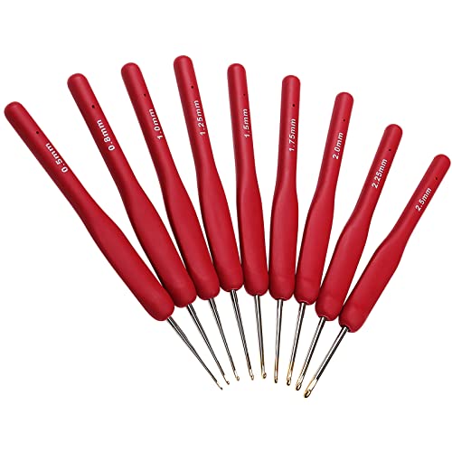Coopay Spitze Häkelnadel Set, 9 Stück Klassisch Rote Häkelnadeln mit Leinentasche, 0,5 mm - 2,5 mm, Kleine Größen Häkelnadel Häkeln Ideal für Spitze und Dünnes Garn, Ultrafeine Häkelnadelset von Coopay