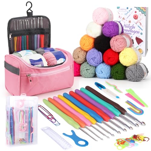 Coopay Tragbar Häkelset für Anfänger, Häkelnadel Set mit 15 Wolle, Tasche, Häkelzubehör, Ergonomische Häkelnadeln mit Weicher Griff und Metall Häkelnadel, 2,0-10 mm Praktische Häkelnadeln, Rosa von Coopay