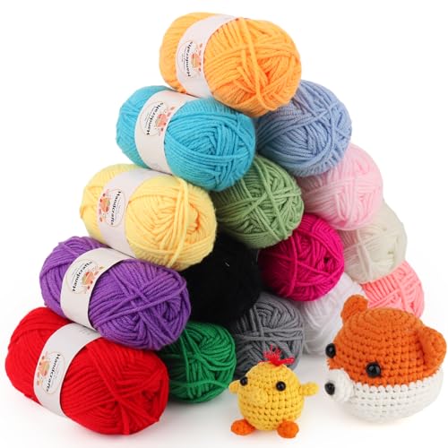 Coopay 15 Farbe Wolle zum Häkeln für Anfänger, 15 x 25g Weicher Bunt Strickgarn, 4 Faiding Acryl Häkelgarn für Kinder, Amigurumi für Puppen, Taschen, Untersetzer von Coopay