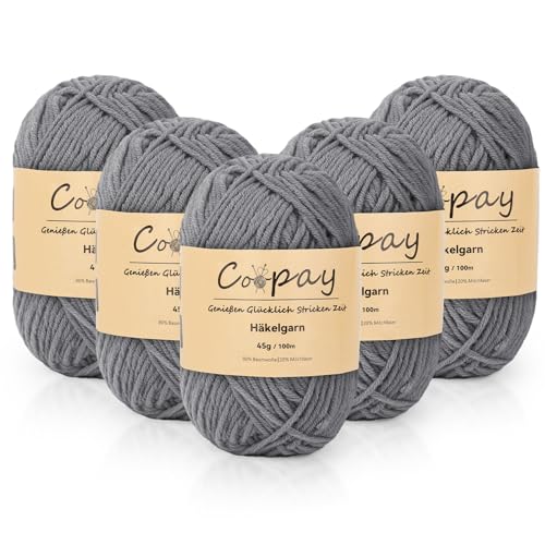 Coopay Wolle zum Häkeln, 225g (5x45g) Weiches Häkelgarn, 5 Faiding Wolle zum Stricken, Babywolle zum Häkeln für Anfänger, Super Weich Häkelgarn Babywolle für Häkel- und Strickprojekt - Dunkelgrau von Coopay