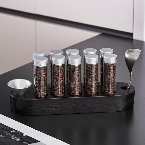 Coosigar Kaffeebohnen-Behälter, Einzeldosis Kaffeebohnen-Aufbewahrung, 10 Stück Kaffeebohnenkeller mit schwarzem Holzständer und Trichter Kaffeelöffel. (Schwarzes Holz + silberfarbene Deckel) von Coosigar