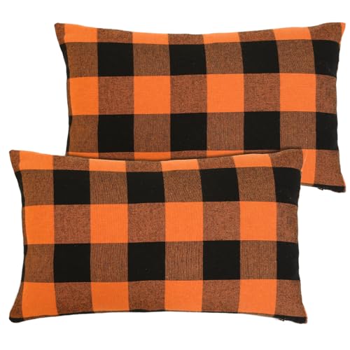 Cootato Herbst-Kissenbezüge – Set mit 2 Halloween-Büffel-Orange und Schwarz kariert, 30,5 x 50,8 cm Baumwoll-Kissenbezug, Halloween, Herbst, Bauernhaus, Kissenbezug für Sofa, Couch, Terrasse, Outdoor von Cootato