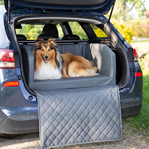 CopcoPet - Travel Bed Hundebett für Kofferraum 100x80 cm Kunstleder - Kofferraumschutz Hund wasserabweisend & Kratzfest - Hundebett Auto rutschfest & robust mit Schutzdecke - Reisebett Hund Grau von CopcoPet