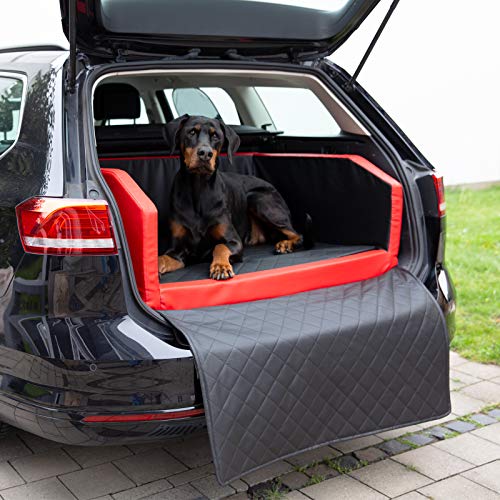 CopcoPet - Travel Bed Hundebett für Kofferraum 90x70cm Kunstleder - Kofferraumschutz Hund wasserabweisend & Kratzfest - Hundebett Auto rutschfest & robust mit Schutzdecke - Reisebett Hund Rot/Schwarz von CopcoPet