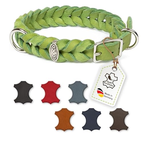 CopcoPet - Fettleder Halsband, Apfelgrün, 15mm Breite, 30-34 cm Halsumfang, geflochten mit Dornschließe verchromt, geflochtenes Hundehalsband, Handarbeit aus Deutschland, hochwertiges Rindsleder von CopcoPet