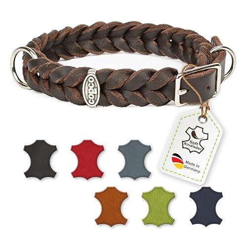 Fettleder-Halsband geflochten mit Dornschließe, geflochtenes Hundehalsband, Handarbeit aus Deutschland, hochwertiges Rindsleder (40-44 cm 20 mm Messing, Braun) von CopcoPet