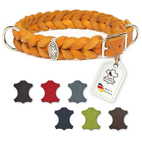 Fettleder-Halsband geflochten mit Dornschließe, geflochtenes Hundehalsband, Handarbeit aus Deutschland, hochwertiges Rindsleder (35-39 cm 15 mm verchromt, Cognac) von CopcoPet