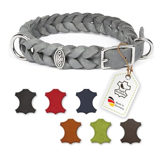 CopcoPet - Fettleder Halsband, Grau, 15mm Breite, 40-44 cm Halsumfang, geflochten mit Dornschließe verchromt, geflochtenes Hundehalsband, Handarbeit aus Deutschland, hochwertiges Rindsleder von CopcoPet