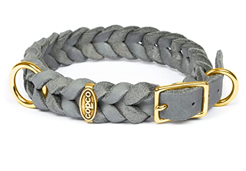 CopcoPet - Fettleder Halsband, Grau, 20 mm Breite, 50-55 cm Halsumfang, geflochten mit Dornschließe Messing, geflochtenes Hundehalsband, Handarbeit aus Deutschland, hochwertiges Rindsleder von CopcoPet