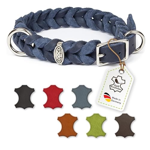 CopcoPet - Fettleder Halsband, Marineblau, 15 mm Breite, 25-29 cm Halsumfang, geflochten mit Dornschließe Messing, geflochtenes Hundehalsband, Handarbeit aus Deutschland, hochwertiges Rindsleder von CopcoPet