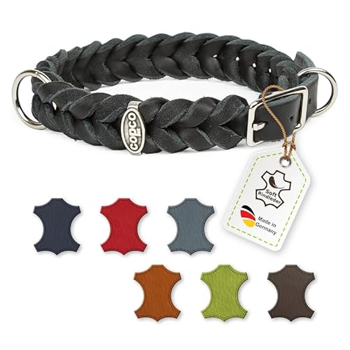 Fettleder-Halsband geflochten mit Dornschließe, geflochtenes Hundehalsband, Handarbeit aus Deutschland, hochwertiges Rindsleder (50-55 cm 25 mm verchromt, Schwarz) von CopcoPet