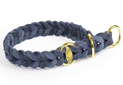 CopcoPet - Fettleder Hundehalsband Würger geflochten mit Messing Zugstopp-Ring, Marineblau 25-30 cm x 15 mm Hunde Halsband von CopcoPet