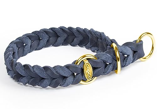 CopcoPet - Fettleder Hundehalsband Würger geflochten mit Messing Zugstopp-Ring, Marineblau 35-40 cm x 15 mm Hunde Halsband von CopcoPet