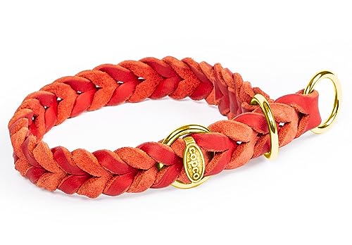 CopcoPet - Fettleder Hundehalsband Würger geflochten mit Messing Zugstopp-Ring, Rot 30-35 cm x 15 mm Hunde Halsband von CopcoPet