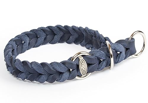 CopcoPet Hundehalsband Würger 35–40 cm x 15mm Marineblau – Geflochtenes Halsband mit Zugstopp & verchromtem Ring – Aus robustem Fettleder – Für kleine Hunde – Weiches Lederhalsband fürs Training von CopcoPet