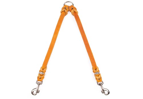 CopcoPet Fettleder-Doppelleine 30 cm x 10mm Cognac – Koppel & Zwillingsleine für 2 Hunde – Robuste Verbindung mit 2 verchromten Karabinern – Geflochten & langlebig – Für kleine Hunde von CopcoPet