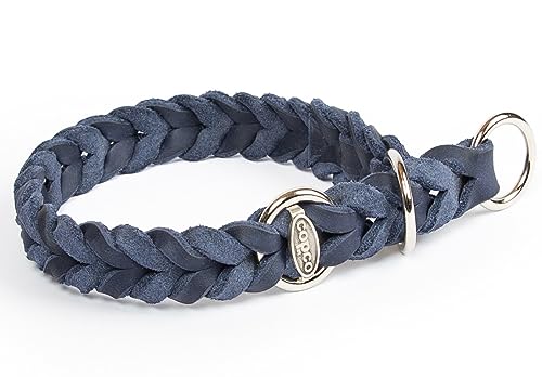 CopcoPet - Fettlederhalsband geflochten mit verchromten Zugstop-Ring, Marineblau 40-45 cm x 15 mm Hunde Halsband von CopcoPet