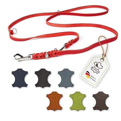 CopcoPet – Fettlederleine für Hunde – 3-Fach verstellbare Hundeleine aus weichem Leder mit Karabinern & Beschlägen aus Chrom – geflochtene Führleine 100% Handmade in Germany (2,80m x 20mm | Rot) von CopcoPet