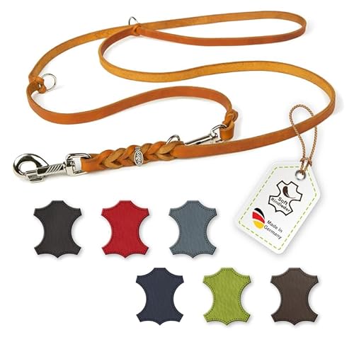 CopcoPet – Fettlederleine für Hunde – 3-Fach verstellbare Hundeleine aus weichem Leder mit Karabinern & Beschlägen aus Chrom – geflochtene Führleine 100% Handmade in Germany (2,0m x 8mm | Cognac) von CopcoPet