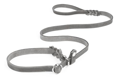 CopcoPet Retrieverleine mit Zugstopp für kleine Hunde – 1,40m x 10mm Moxonleine in Grau – Fettlederleine & Agilityleine aus Leder – stufenlos verstellbar, Handarbeit, verchromt, wetterfest von CopcoPet