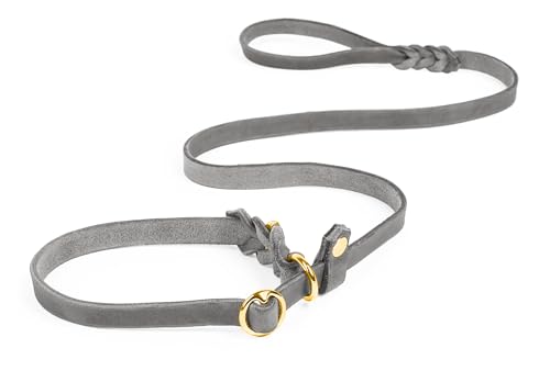 CopcoPet Retrieverleine mit Zugstopp für große Hunde – 1,60m x 18mm Moxonleine in Grau – Fettlederleine & Agilityleine aus Leder – stufenlos verstellbar, Handarbeit, Messing, wetterfest von CopcoPet