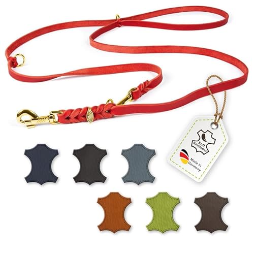 CopcoPet – Fettlederleine für Hunde – 3-Fach verstellbare Hundeleine aus weichem Leder mit Karabinern & Beschlägen aus Messing – geflochtene Führleine 100% Handmade in Germany (2,40 m x 10mm | Rot) von CopcoPet