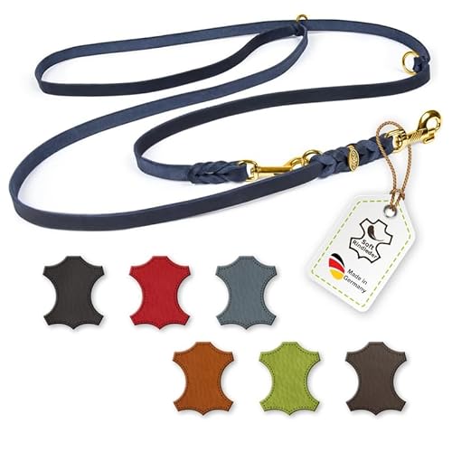 CopcoPet – Fettlederleine für Hunde – 3-Fach verstellbare Hundeleine aus weichem Leder mit Karabinern & Beschlägen aus Messing – geflochtene Führleine 100% Handmade in Germany (2,40 m x 12mm | Blau) von CopcoPet